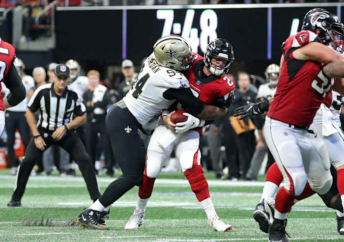 Atlanta quarterback Matt Ryan (2) gets sacked by Saints defensive end Cameron Jordan (94). Mandatory Credit: Jason Getz-USA TODAY Sports